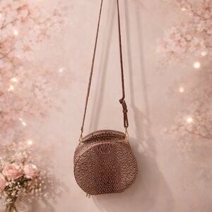 Round Croc-Embossed Crossbody Bag | Brown Ostrich Texture | Top Handle & Strap